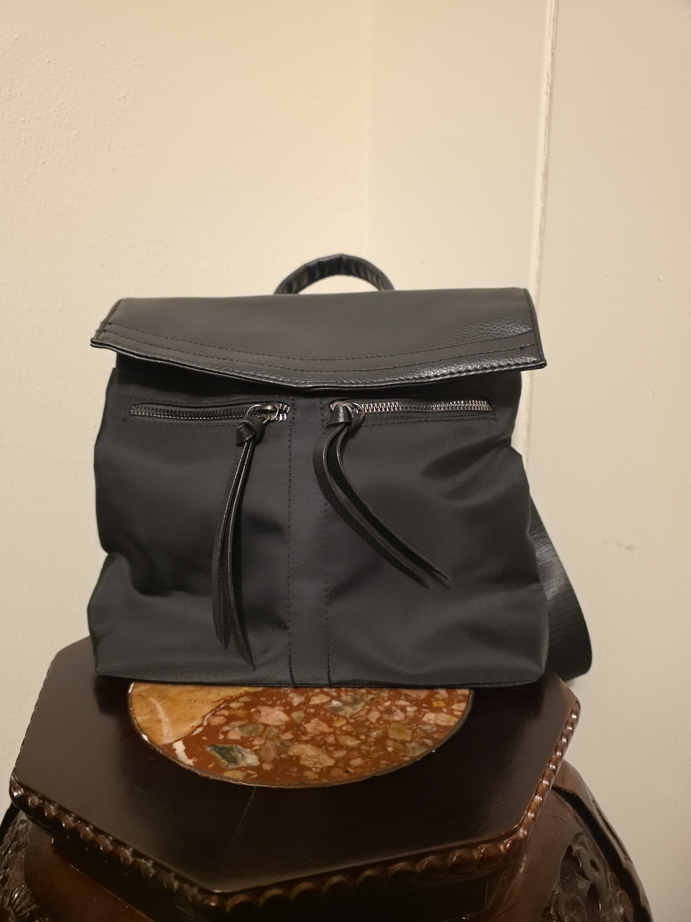 Botkier Mini Backpack in black nylon with leather trim